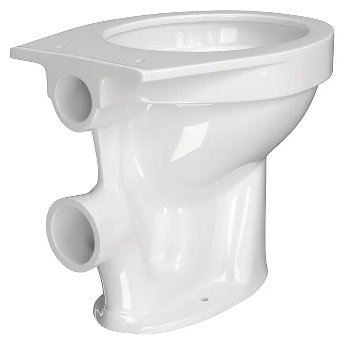 Stand-WC Delta - Spülrandlos, Ohne Spezialglasur, Spülform: Tief, WC Abgang: Waagerecht, Weiß - Dieses Bild zeigt ein wandhängendes, weißes WC-Becken mit zwei markanten seitlichen Anschlüssen für Sanitärinstallationen.