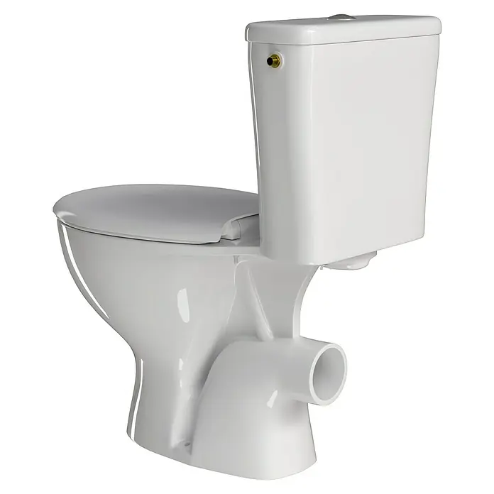 Stand-WC-Kombination Delta - Spülrandlos, Ohne Spezialglasur, Spülform: Tief, WC Abgang: Waagerecht, Weiß - Nahaufnahme einer modernen, weißen Toilette. Sie bietet eine saubere und effiziente Sanitärlösung für jedes Badezimmer und sorgt für Komfort.