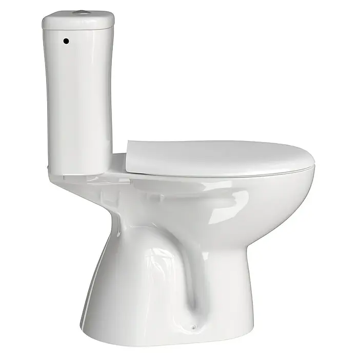 Stand-WC-Kombination Delta - Mit Spülrand, Ohne Spezialglasur, Spülform: Tief, WC Abgang: Senkrecht, Weiß - Weißes Stand-WC mit Spülkasten und Deckel, ideal für moderne Badezimmer. Das Design ist schlicht und funktional.