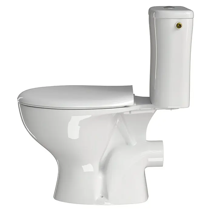 Stand-WC-Kombination Delta - Spülrandlos, Ohne Spezialglasur, Spülform: Tief, WC Abgang: Waagerecht, Weiß - Nahaufnahme einer weißen Toilette mit Spülkasten auf schwarzem Hintergrund, modernes und minimalistisches Design für Badezimmer.