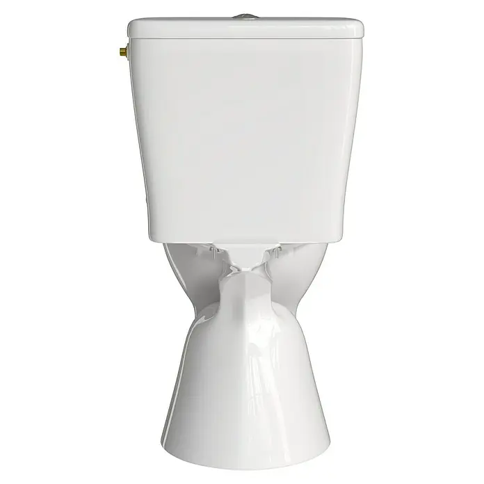 Stand-WC-Kombination Delta - Mit Spülrand, Ohne Spezialglasur, Spülform: Tief, WC Abgang: Senkrecht, Weiß - Nahaufnahme einer weißen Toilette mit Spülkasten. Das Produkt ist sauber und elegant im Design und passt in jedes Badezimmer.
