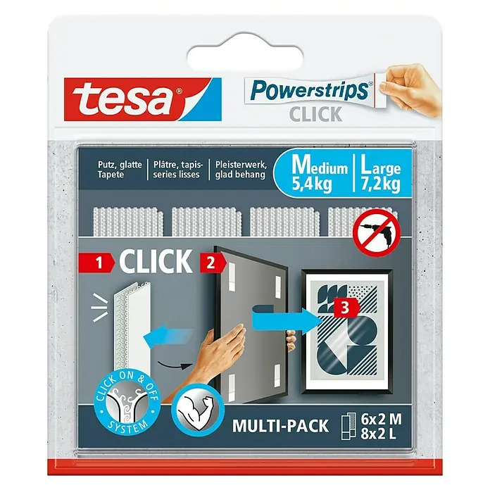 Tesa Selbstklebestrip CLICK COMBO 6X2 M & 8X2 L - 14 Stk., B x L: 20 x 85 mm - Tesa Powerstrips Click Multipack: Befestigen Sie Bilderrahmen ohne Bohren mit diesen wiederablösbaren Klebestreifen für mittelgroße bis große Lasten.