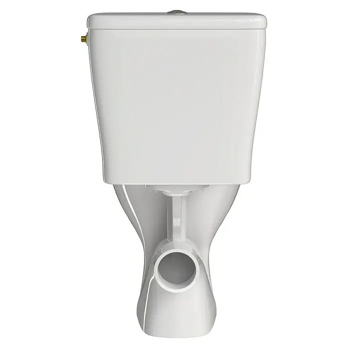 Stand-WC-Kombination Delta - Spülrandlos, Ohne Spezialglasur, Spülform: Tief, WC Abgang: Waagerecht, Weiß - Nahaufnahme einer weißen Toilette, die ein elegantes und funktionales Design für moderne Badezimmer zeigt.