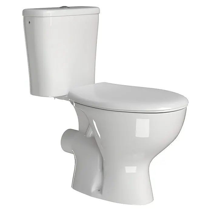 Stand-WC-Kombination Delta - Spülrandlos, Ohne Spezialglasur, Spülform: Tief, WC Abgang: Waagerecht, Weiß - Weisse Toilette mit Spülkasten. Das Sanitärkeramik-WC ist mit einem glatten, hygienischen Design für ein modernes Badezimmer ausgestattet.