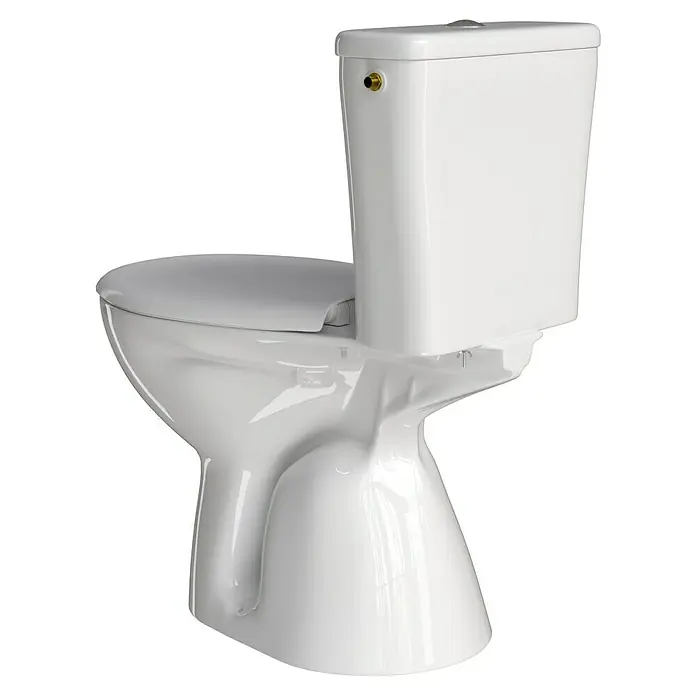 Stand-WC-Kombination Delta - Mit Spülrand, Ohne Spezialglasur, Spülform: Tief, WC Abgang: Senkrecht, Weiß - Nahaufnahme einer weißen Toilette mit Spülkasten vor einem schwarzen Hintergrund. Elegantes Design für moderne Badezimmer.