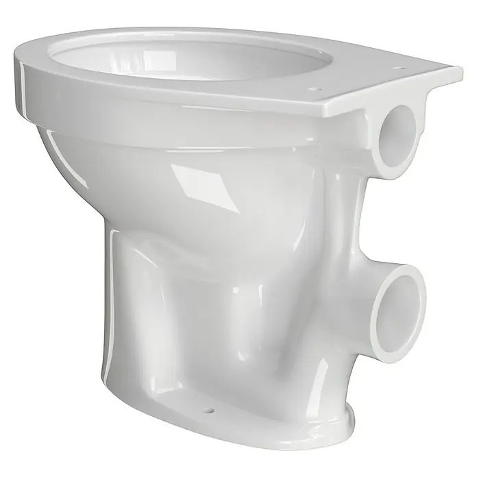 Stand-WC Delta - Spülrandlos, Ohne Spezialglasur, Spülform: Tief, WC Abgang: Waagerecht, Weiß - Nahaufnahme einer weißen Wandtoilette mit glänzender Oberfläche und markanten Rohrverbindungen.