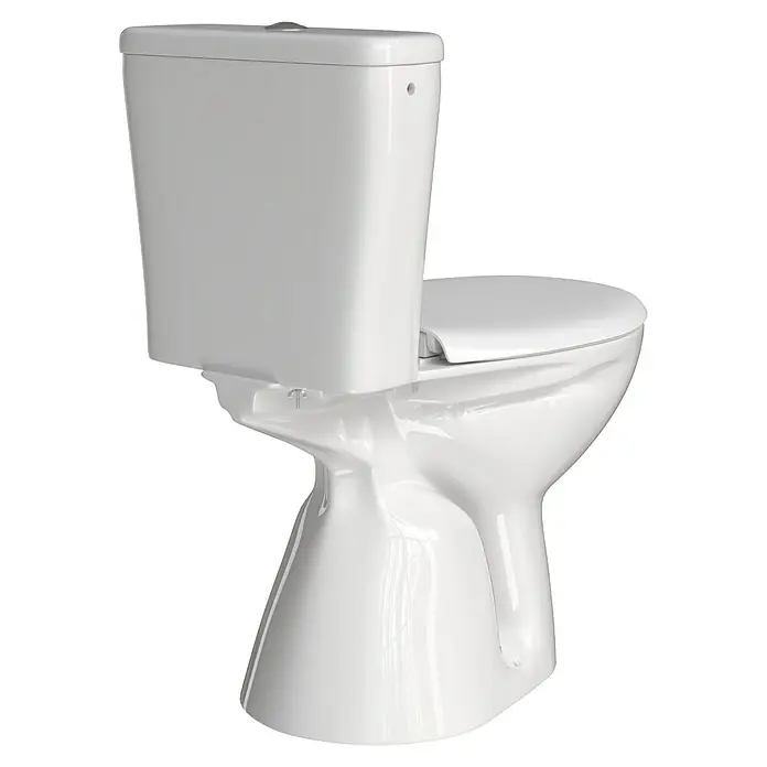 Stand-WC-Kombination Delta - Mit Spülrand, Ohne Spezialglasur, Spülform: Tief, WC Abgang: Senkrecht, Weiß - Weisse Toilette mit Aufputzspülkasten vor schwarzem Hintergrund. Elegantes und funktionelles Design für jedes Badezimmer.