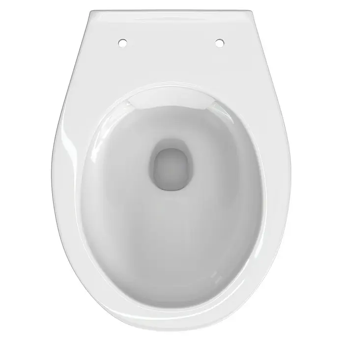Stand-WC Delta - Spülrandlos, Ohne Spezialglasur, Spülform: Tief, WC Abgang: Waagerecht, Weiß - Hier ist eine Draufsicht auf eine moderne, weiße Toilette, die ein klares und minimalistisches Design aufweist. Ideal für ein stilvolles Badezimmer.