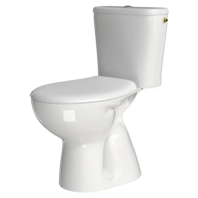 Stand-WC-Kombination Delta - Mit Spülrand, Ohne Spezialglasur, Spülform: Tief, WC Abgang: Senkrecht, Weiß - Bild einer weißen Toilette mit Spülkasten auf schwarzem Hintergrund. Ideal für Badgestaltung und Sanitärbedarf.
