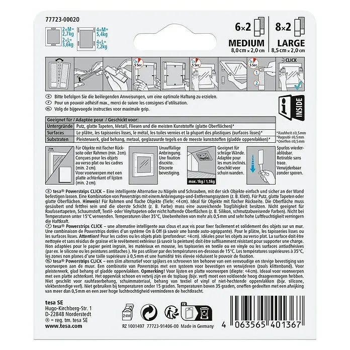 Tesa Selbstklebestrip CLICK COMBO 6X2 M & 8X2 L - 14 Stk., B x L: 20 x 85 mm - Tesa Powerstrips CLICK: Kleben Sie Objekte sicher an die Wand. Ideal für glatte Oberflächen, Rahmen und flache Gegenstände bis 4cm Tiefe.