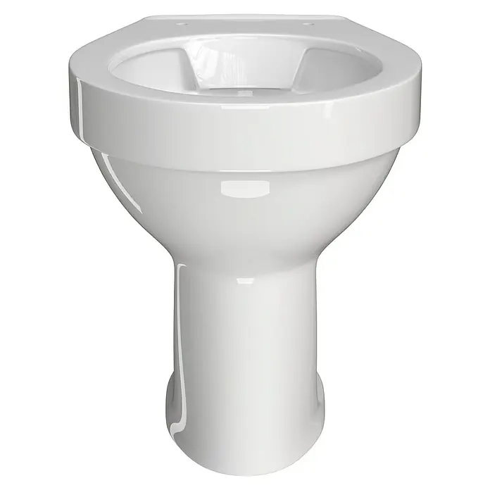 Stand-WC Delta - Spülrandlos, Ohne Spezialglasur, Spülform: Tief, WC Abgang: Waagerecht, Weiß - Nahaufnahme einer weißen, wandhängenden Toilette mit glänzender Oberfläche vor schwarzem Hintergrund. Sanitärkeramik für das Badezimmer.