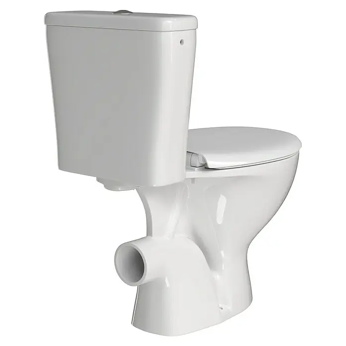 Stand-WC-Kombination Delta - Spülrandlos, Ohne Spezialglasur, Spülform: Tief, WC Abgang: Waagerecht, Weiß - Ein schlichtes, weißes WC mit Aufputzspülkasten, ideal für moderne Badezimmer. Das Design ist zeitlos und funktional.