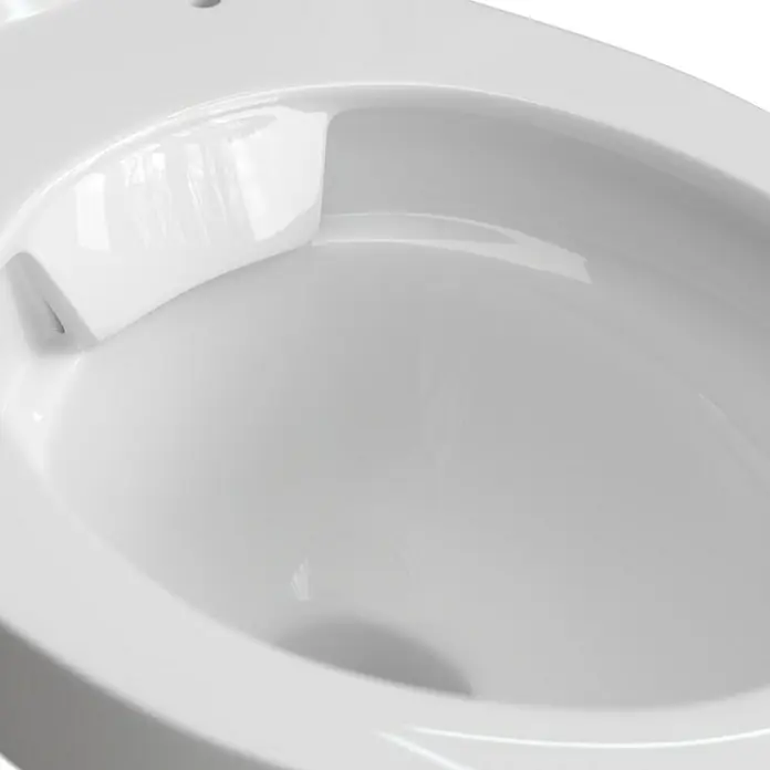 Stand-WC Delta - Spülrandlos, Ohne Spezialglasur, Spülform: Tief, WC Abgang: Waagerecht, Weiß - Nahaufnahme einer weißen Toilette, die die saubere Ästhetik und das moderne Design des Sanitärartikels hervorhebt.