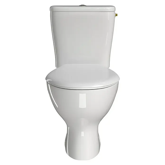 Stand-WC-Kombination Delta - Spülrandlos, Ohne Spezialglasur, Spülform: Tief, WC Abgang: Waagerecht, Weiß - Nahaufnahme einer eleganten, weißen Toilette, die durch ihr modernes Design und die saubere Ästhetik besticht. Perfekt für jedes Badezimmer.