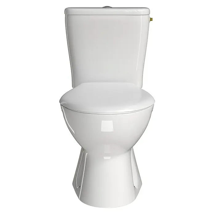 Stand-WC-Kombination Delta - Mit Spülrand, Ohne Spezialglasur, Spülform: Tief, WC Abgang: Senkrecht, Weiß - Nahaufnahme einer eleganten, weißen Toilette mit Spülkasten, ideal für moderne Badezimmerdesigns.