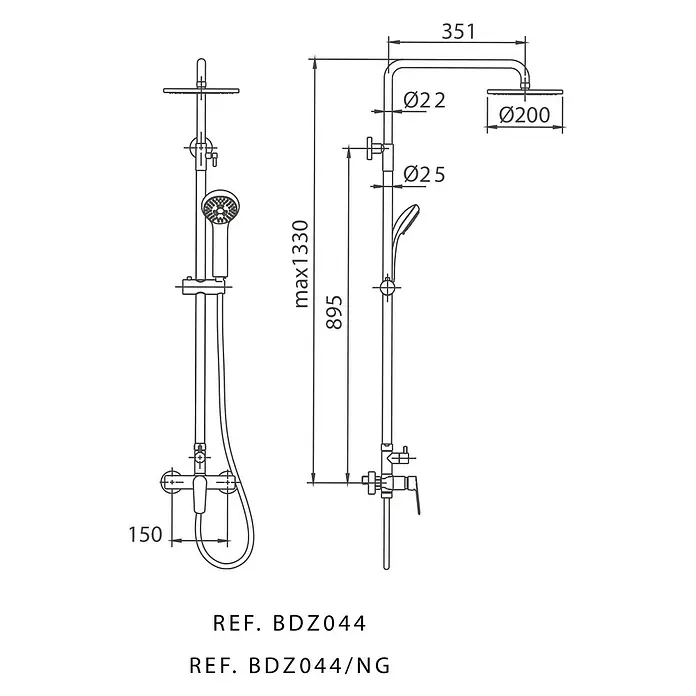 Camargue Tevere Sistema de ducha - Grifo monomando, Cromo - Un diagrama esquemático de un sistema de ducha con dimensiones, incluyendo la altura y el diámetro de varios componentes.