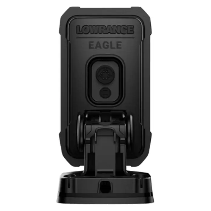 Lowrance Fishfinder Eagle 4x - Geber: Bullet Skimmer, 4"/102 mm IPS - Schwarzer Lowrance Eagle Fischfinder, Rückansicht auf einem Ständer, mit Strom-/Geberanschlüssen.