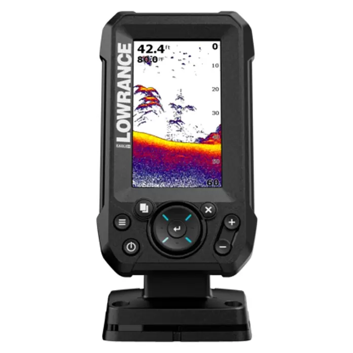 Lowrance Fishfinder Eagle 4x - Geber: Bullet Skimmer, 4"/102 mm IPS - Schwarzer Lowrance Fischfinder mit digitalem Bildschirm, der Sonardaten anzeigt, auf schwarzem Sockel.