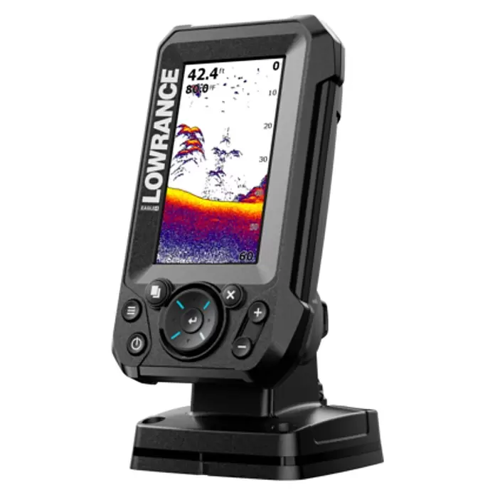 Lowrance Fishfinder Eagle 4x - Geber: Bullet Skimmer, 4"/102 mm IPS - Schwarzer Lowrance Fischfinder mit Farb-Sonar-Display, das Tiefe, Temperatur und Unterwasserstrukturen anzeigt, auf einer Halterung.
