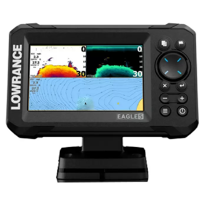 Lowrance Fishfinder & Kartenplotter Eagle 5 - Geber: 83/200 HDI-Geber, 5″/127 mm IPS - Schwarzes Lowrance Eagle 5 Fischfinder mit Farbdisplay für Sonar- und Kartendaten, auf einer Halterung.