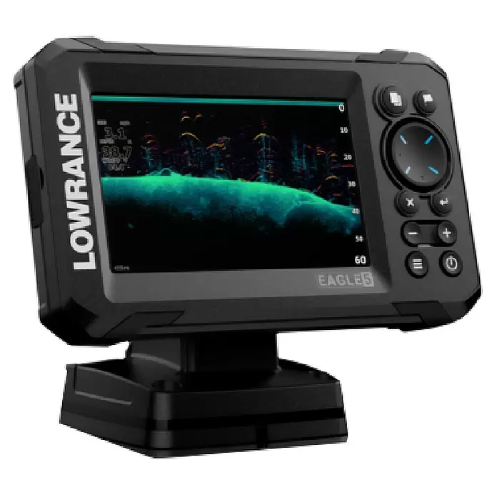 Lowrance Fishfinder & Kartenplotter Eagle 5 - Geber: 83/200 HDI-Geber, 5″/127 mm IPS - Schwarzer Lowrance Fischfinder mit Bildschirm für Sonaranzeigen und Bedientasten, auf einem Ständer montiert.