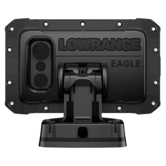 Lowrance Fishfinder & Kartenplotter Eagle 5 - Geber: 83/200 HDI-Geber, 5″/127 mm IPS - Schwarzer Lowrance Eagle Fishfinder/Kartenplotter, Rückansicht, auf einem Ständer montiert mit sichtbaren Anschlüssen.