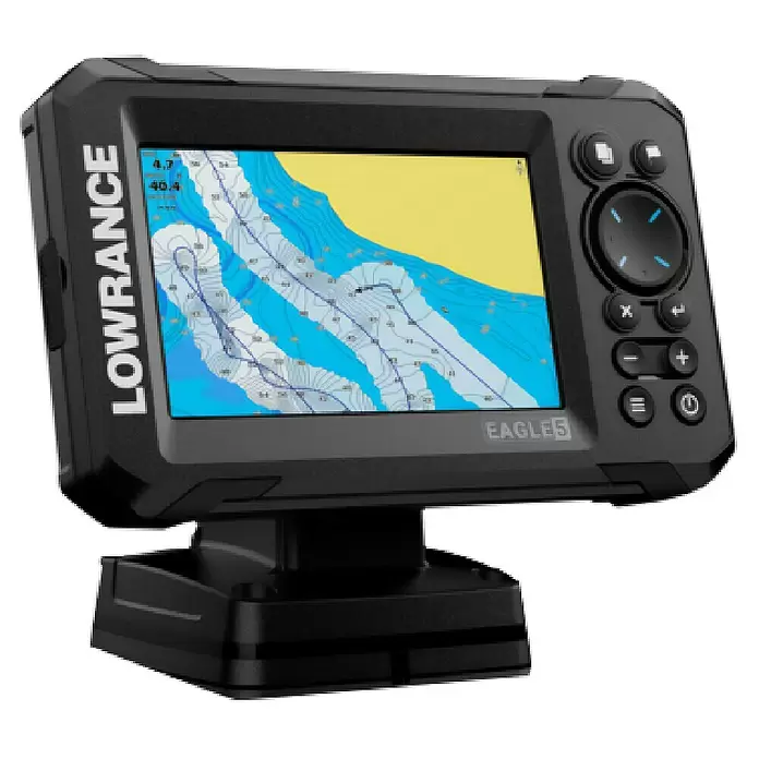 Lowrance Fishfinder & Kartenplotter Eagle 5 - Geber: 83/200 HDI-Geber, 5″/127 mm IPS - Schwarzer Lowrance Eagle 5 Fischfinder/Kartenplotter mit Farbdisplay und Standfuß. Ideal für Navigation und Angeln.