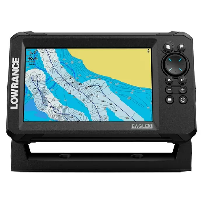 Lowrance Fishfinder & Kartenplotter Eagle 7 - Geber: 83/200 HDI-Geber, 7″/178 mm IPS - Schwarzes Lowrance Eagle 7 Fischfinder/Kartenplotter auf Ständer, zeigt detaillierte Karte mit Tiefenkonturen.