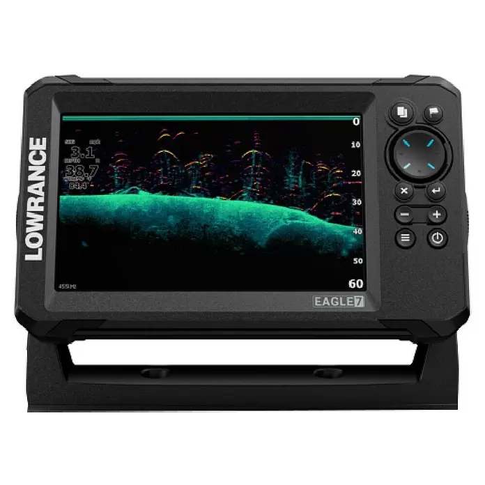 Lowrance Fishfinder & Kartenplotter Eagle 7 - Geber: 83/200 HDI-Geber, 7″/178 mm IPS - Dunkelgrauer Lowrance Eagle 7 Fischfinder mit Farbdisplay, das Sonardaten (Fischsicheln, Bodenkontur) und seitliche Bedientasten anzeigt.