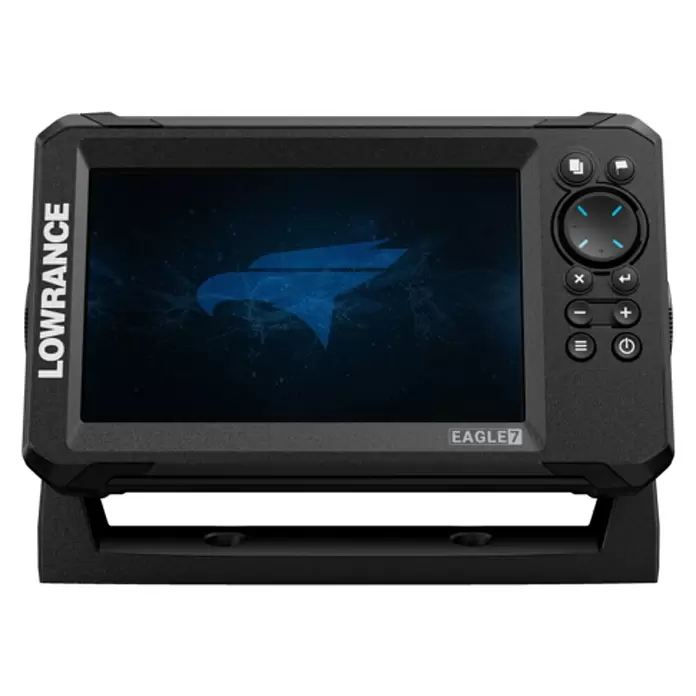 Lowrance Fishfinder & Kartenplotter Eagle 7 - Geber: 83/200 HDI-Geber, 7″/178 mm IPS - Schwarzer, robuster Lowrance Fischfinder auf Ständer, Eagle 7-Bildschirm mit blauem Adler-Logo.