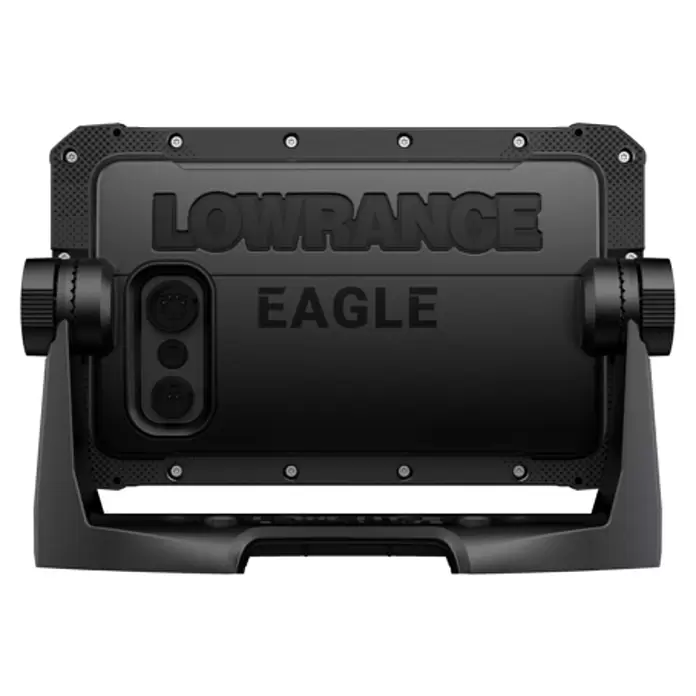 Lowrance Fishfinder & Kartenplotter Eagle 7 - Geber: 83/200 HDI-Geber, 7″/178 mm IPS - Robustes schwarzes Lowrance Eagle Marine-Elektronikgerät auf einem Ständer, mit drei Anschlussbuchsen auf der Rückseite.