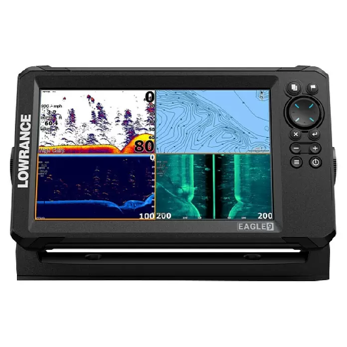 Lowrance Fishfinder & Kartenplotter Eagle 9 - Geber: TripleShot HD-Geber, 9″/229 mm IPS - Schwarzes Lowrance EAGLE 9 Echolot und Kartenplotter mit mehrfenstrigem Farbdisplay für Sonar- und Kartendaten und seitlichen Tasten.