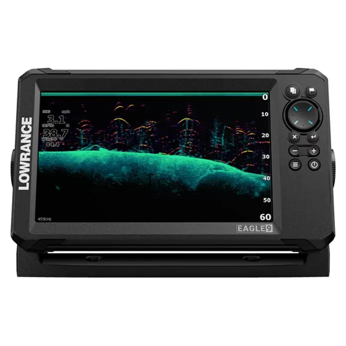Lowrance Fishfinder & Kartenplotter Eagle 9 - Geber: TripleShot HD-Geber, 9″/229 mm IPS - Schwarzer Lowrance Eagle 9 Fischfinder zeigt Sonardaten mit Wassertiefe und Fischschwärmen an.