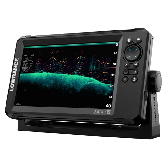Lowrance Fishfinder & Kartenplotter Eagle 9 - Geber: TripleShot HD-Geber, 9″/229 mm IPS - Schwarzes Lowrance Eagle 9 Echolot mit Farbdisplay, das Sonardaten und Navigationssteuerungen anzeigt.