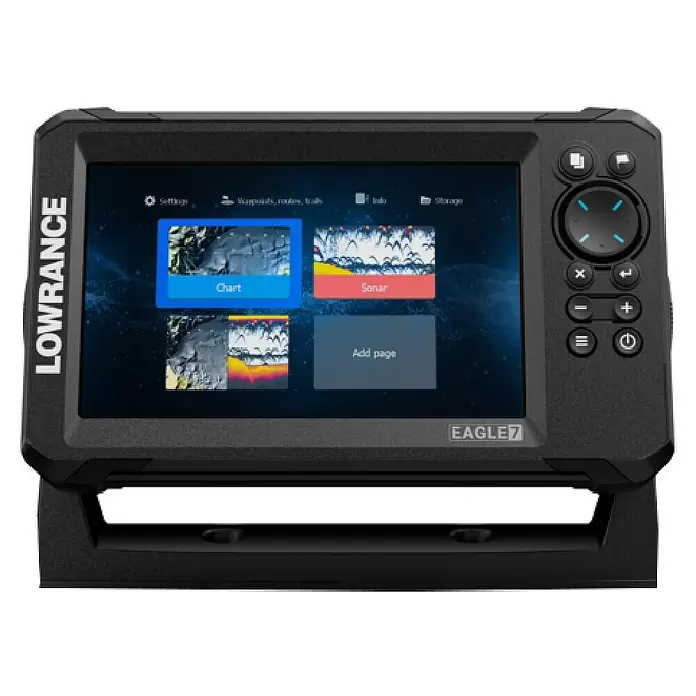 Lowrance Fishfinder & Kartenplotter Eagle 7 - Geber: 83/200 HDI-Geber, 7″/178 mm IPS - Schwarzer Lowrance Eagle 7 Fischfinder/Kartenplotter mit Bildschirm und physischen Steuerungstasten.