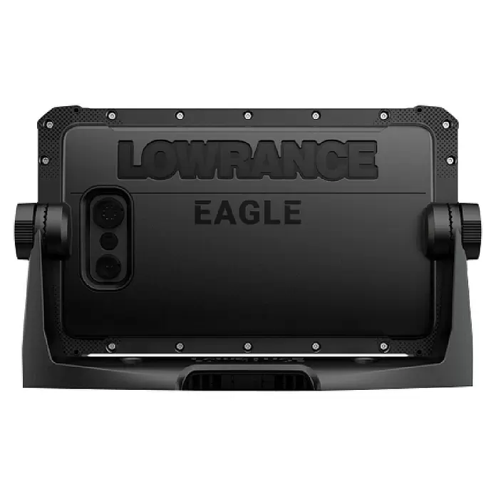 Lowrance Fishfinder & Kartenplotter Eagle 9 - Geber: TripleShot HD-Geber, 9″/229 mm IPS - Schwarzes Lowrance Eagle Marine-Display auf einer Halterung, mit hinteren Anschlussbuchsen.