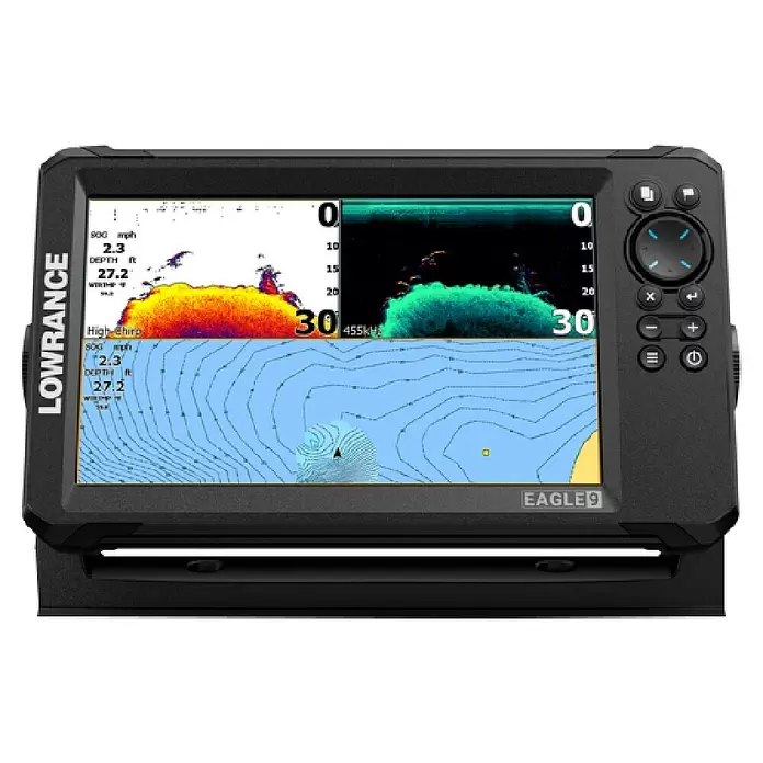 Lowrance Fishfinder & Kartenplotter Eagle 9 - Geber: TripleShot HD-Geber, 9″/229 mm IPS - Schwarzes Lowrance Eagle 9 Fishfinder/Kartenplotter zeigt Sonardaten, Tiefe, Geschwindigkeit und eine Seekarte mit Tiefenlinien und Bootsposition.
