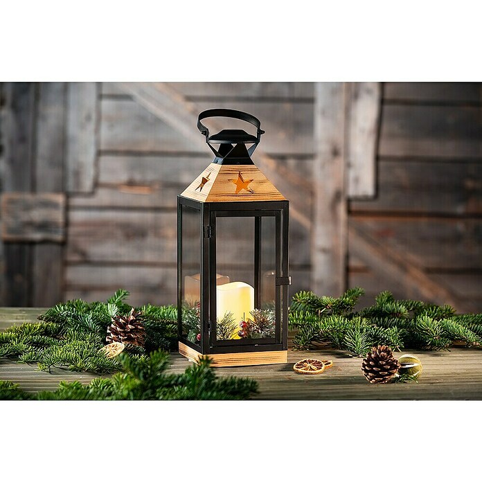 Flower Power LED-Laterne Carla (14,5 x 14,5 x 37 cm, LED-Kerze, Schwarz/Braun) | BAUHAUS