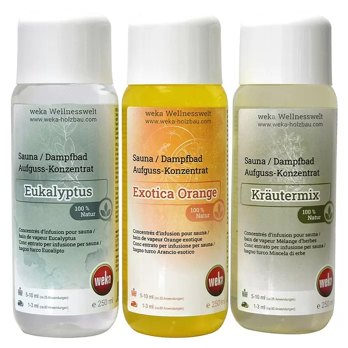 Weka Aufgusskonzentrat-Set Aufguss-Konzentrat - Duft: Eukalyptus, Exotica Orange und Kräutermix, 250 ml - Drei weka Sauna-Konzentratflaschen: Eukalyptus, Exotica Orange, Kräutermix.
