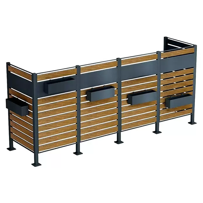 Metzler Mülltonnenverkleidung - 326 x 85 cm, Stahl, Anthrazit/Braun, Geeignet für Anzahl Mülltonnen: 4 Stk. - Modulare Sichtschutzwand aus Holzlamellen mit dunkelgrauem Metallrahmen und integrierten Pflanzkästen.