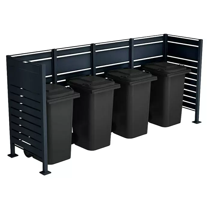 Metzler Mülltonnenverkleidung - 326 x 85 cm, Stahl, Anthrazit, Geeignet für Anzahl Mülltonnen: 4 Stk. - Dunkelgraue Mülltonnenbox mit vier schwarzen Abfallbehältern. Für ordentliche Entsorgung im Außenbereich.