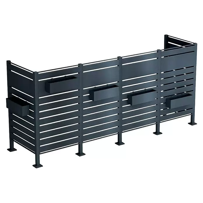 Metzler Mülltonnenverkleidung - 326 x 85 cm, Stahl, Anthrazit, Geeignet für Anzahl Mülltonnen: 4 Stk. - Anthrazitfarbener Metall-Sichtschutz mit horizontalen Lamellen und vier integrierten rechteckigen Pflanzkästen.