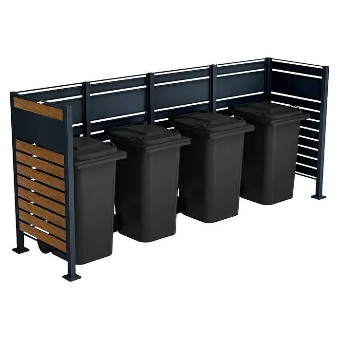 Metzler Mülltonnenverkleidung - 326 x 85 cm, Stahl, Anthrazit/Braun, Geeignet für Anzahl Mülltonnen: 4 Stk. - Dunkle Metall- und Holz-Mülltonnenbox für vier schwarze Mülltonnen.