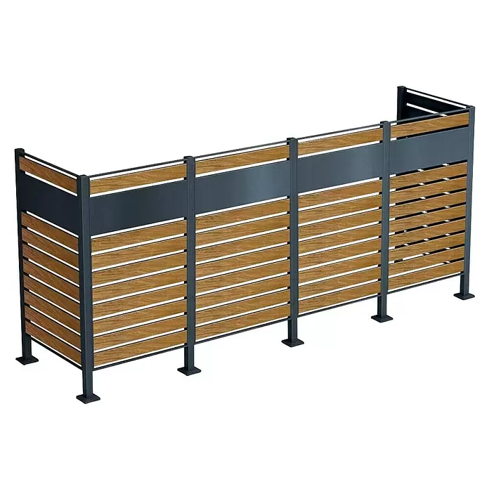 Metzler Mülltonnenverkleidung - 326 x 85 cm, Stahl, Anthrazit/Braun, Geeignet für Anzahl Mülltonnen: 4 Stk. - Modulare Sichtschutzwand mit dunkelgrauem Rahmen und horizontalen Holzdekor-Latten.