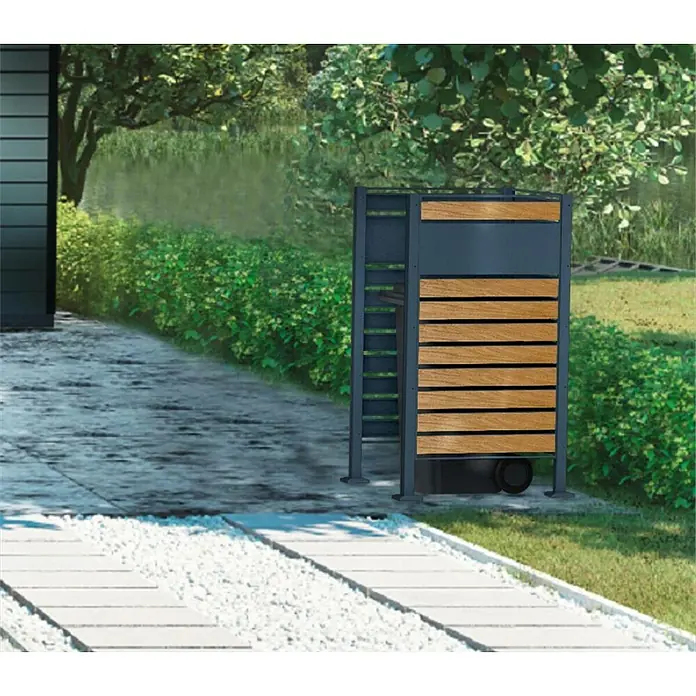 Metzler Mülltonnenverkleidung - 85 x 85 cm, Stahl, Anthrazit/Braun, Geeignet für Anzahl Mülltonnen: 1 Stk. - Diese Aufnahme zeigt eine Mülltonnenbox mit Holzverkleidung in einem Garten. Sie bietet eine stilvolle Lösung zur Aufbewahrung von Mülltonnen.