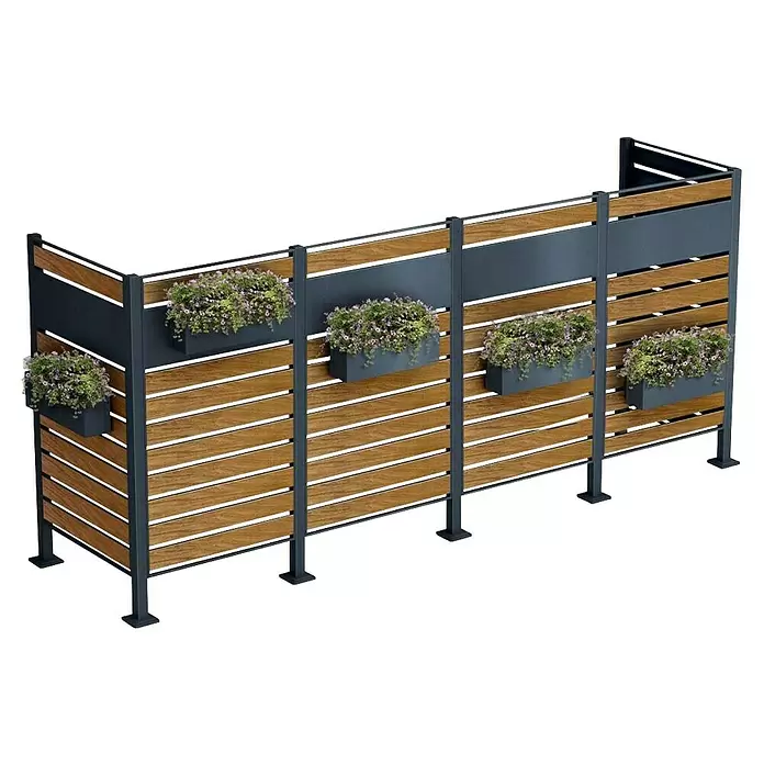 Metzler Mülltonnenverkleidung - 326 x 85 cm, Stahl, Anthrazit/Braun, Geeignet für Anzahl Mülltonnen: 4 Stk. - Moduler Sichtschutz aus dunkelgrauem Metallrahmen, Holzlamellen und integrierten Pflanzkästen mit lilafarbenen Blühpflanzen.