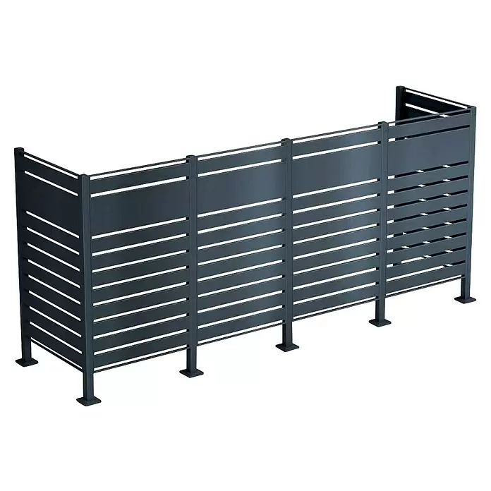 Metzler Mülltonnenverkleidung - 326 x 85 cm, Stahl, Anthrazit, Geeignet für Anzahl Mülltonnen: 4 Stk. - Dunkelgrauer, L-förmiger Metall-Sichtschutz, freistehend mit Lamellenpaneelen.