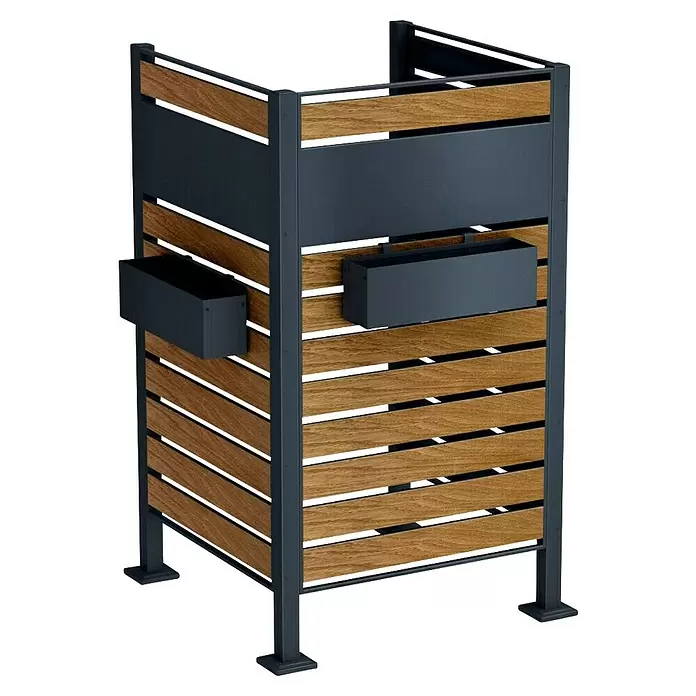 Metzler Mülltonnenverkleidung - 85 x 85 cm, Stahl, Anthrazit/Braun, Geeignet für Anzahl Mülltonnen: 1 Stk. - Anthrazitfarbener Sichtschutz aus Metall und hellen Holzlamellen mit zwei rechteckigen Pflanzkästen.