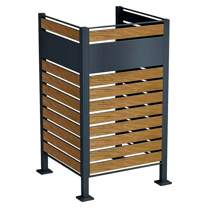 Metzler Mülltonnenverkleidung - 85 x 85 cm, Stahl, Anthrazit/Braun, Geeignet für Anzahl Mülltonnen: 1 Stk. - Eckschirm mit dunkelgrauem Metallrahmen und horizontalen hellbraunen Holzlamellen.