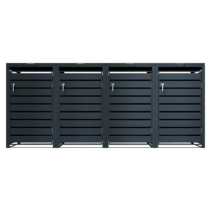 Metzler Mülltonnenbox - 272 x 80 cm, Stahl, Anthrazit, Geeignet für Anzahl Mülltonnen: 4 Stk., Mit Lamellen - Anthrazitfarbene Metall-Mülltonnenbox mit vier Lamellenfächern und integrierten Griffen.